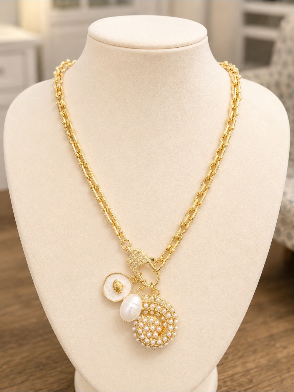 Coastal inspired necklace with pearl, shell and mother of pearl pendant